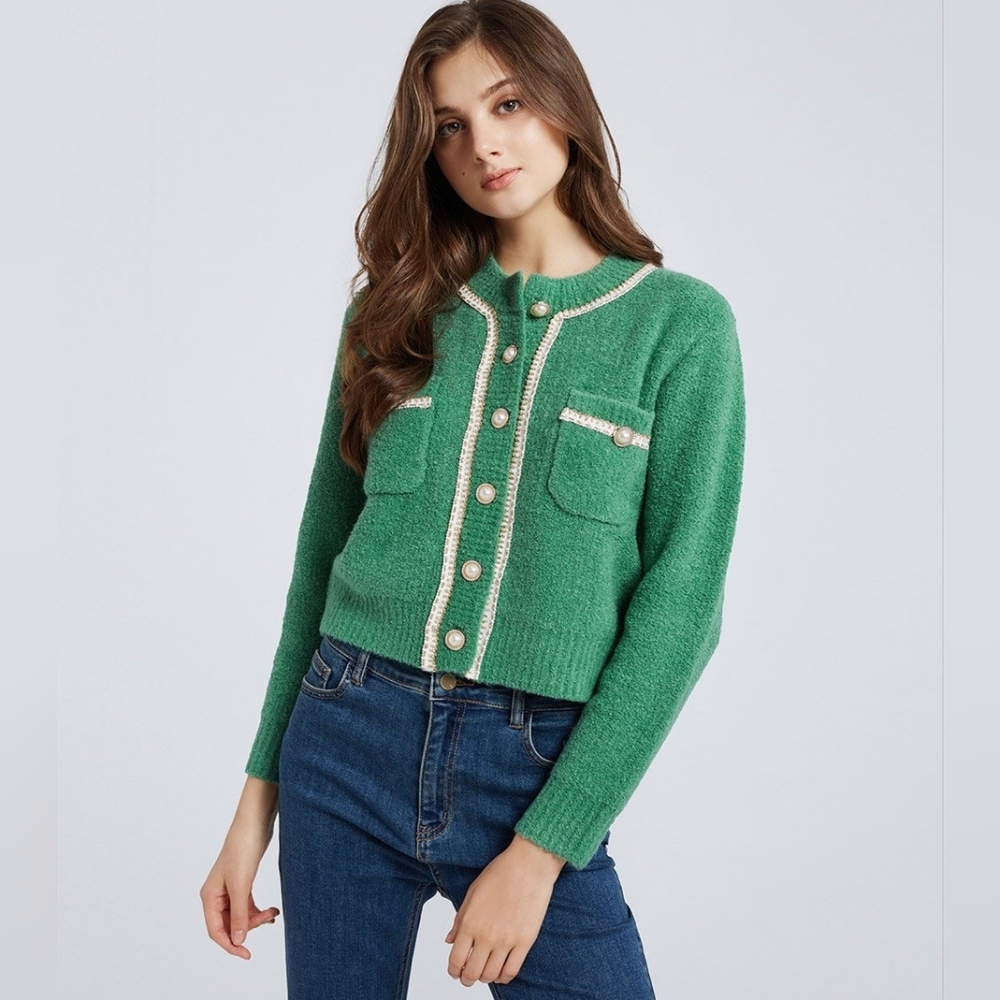 Urban Revivo Green Crew Knitted Cropped Cardigan Jeweled & Pearl Buttons Size M